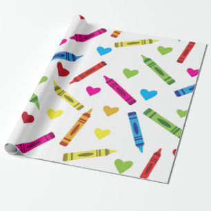 Farbiges Schulwachsmalstifte-Muster mit Herzen Geschenkpapier