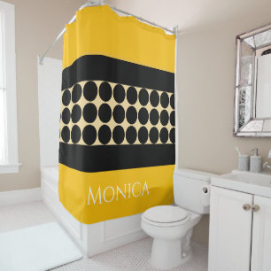 Farbiges Schwarz Beige und gelbe Punkte Monogramm  Duschvorhang