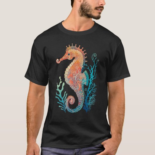 Farbiges Seepferd mit Algendarstellung T-Shirt (Vorderseite)