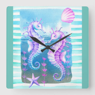 Farbiges Seepferd und Muscheln Wasserfarbe Uhr