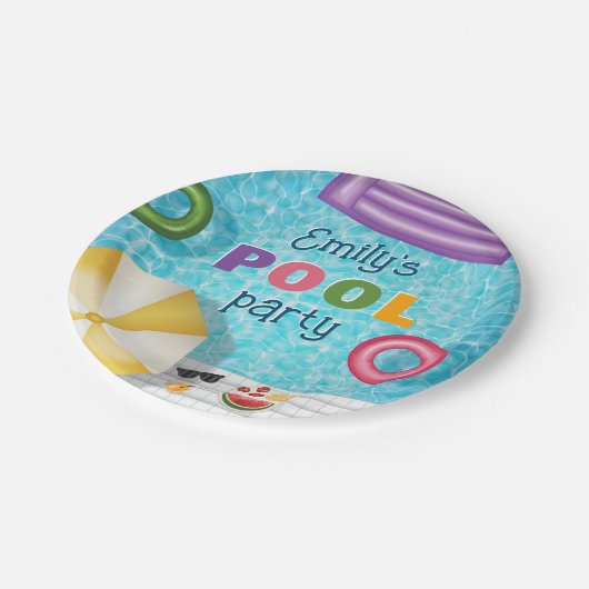 Farbiges Sommerschwimmbad Party Pappteller (Schrägansicht)