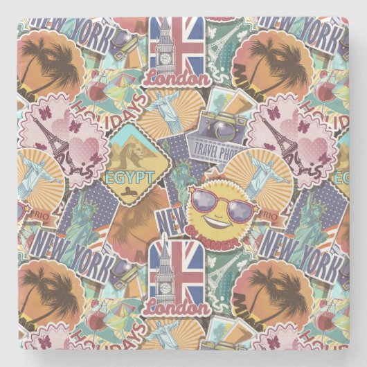 Farbiges Travel Sticker Muster Steinuntersetzer (Vorderseite)