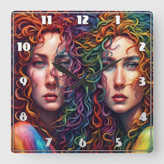 Farbiges Twin-Portrait mit Curry-Haar Quadratische Wanduhr (Vorderseite)