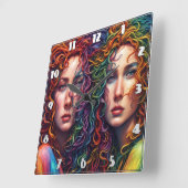 Farbiges Twin-Portrait mit Curry-Haar Quadratische Wanduhr (Winkel)