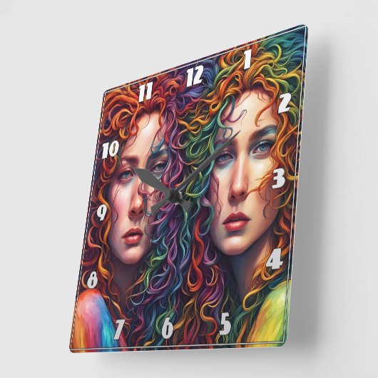 Farbiges Twin-Portrait mit Curry-Haar Quadratische Wanduhr (Winkel)