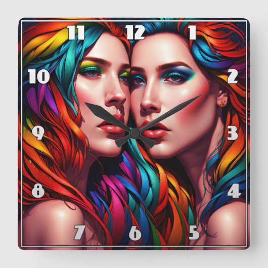 Farbiges Twin Portrait mit feinem Haar Quadratische Wanduhr (Vorderseite)