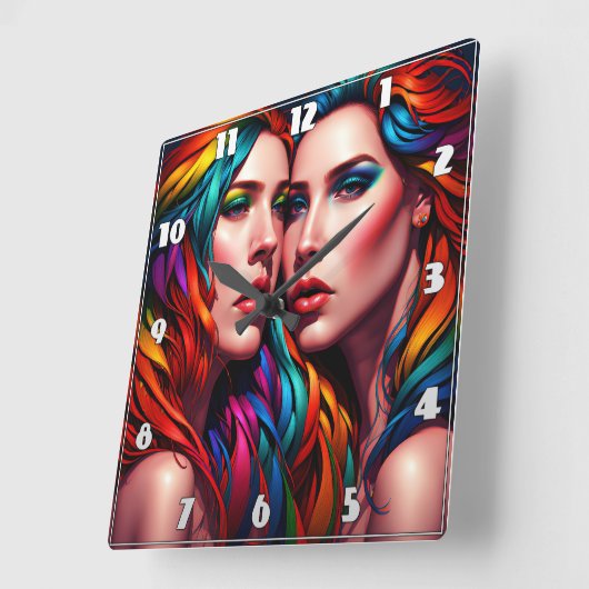 Farbiges Twin Portrait mit feinem Haar Quadratische Wanduhr (Winkel)