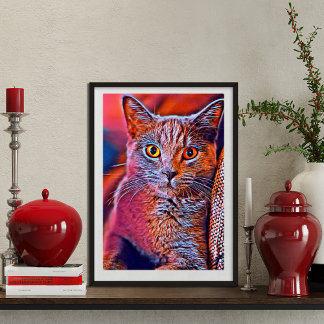 Farbiges und skurriles, niedliches Katzenportrait Poster