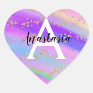 Farbiges Unicorn-Regenbogen-Gold-Glitzer Monogramm Herz-Aufkleber