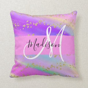 Farbiges Unicorn-Regenbogen-Gold-Glitzer Monogramm Kissen