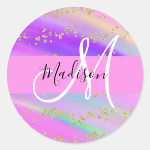 Farbiges Unicorn-Regenbogen-Gold-Glitzer Monogramm Runder Aufkleber