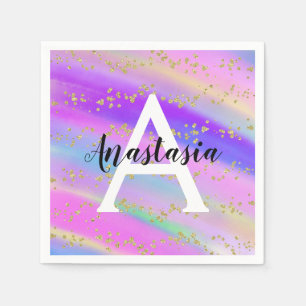 Farbiges Unicorn-Regenbogen-Gold-Glitzer Monogramm Serviette
