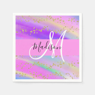 Farbiges Unicorn-Regenbogen-Gold-Glitzer Monogramm Serviette