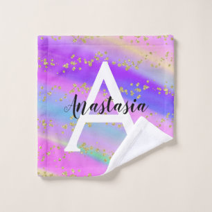 Farbiges Unicorn-Regenbogen-Gold-Glitzer Monogramm Waschlappen