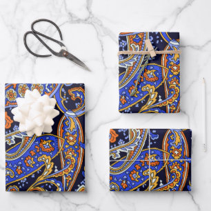 Farbiges Vintag Blau und Orange Paisley Muster C Geschenkpapier Set