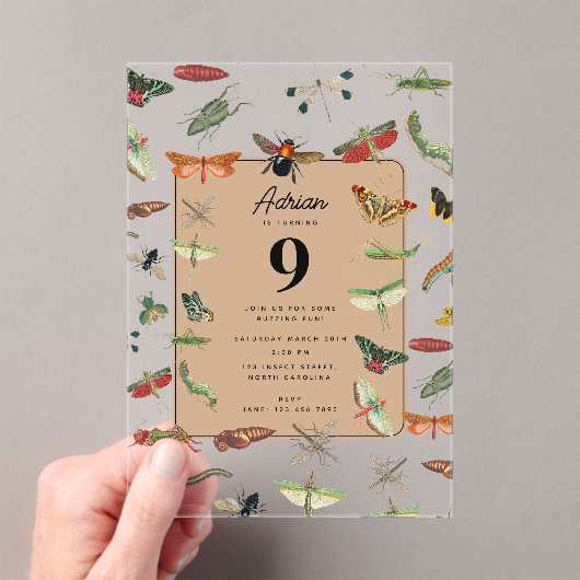 Farbiges Vintages Insektenthema Geburtstagsparty Acryleinladungen (Insitu (Handheld))