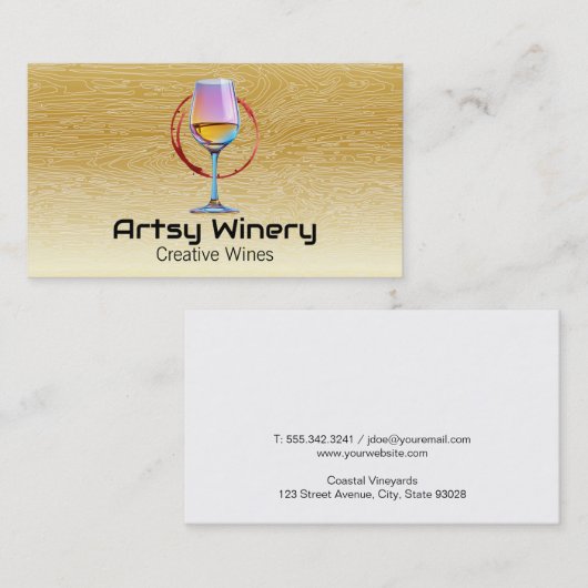 Farbiges Weinglas | Holzkörnmuster Visitenkarte (Vorne/Hinten)