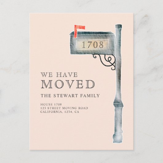 Farblackierte Mailbox Aquarell neue Zuhause pink v Ankündigungspostkarte (Vorderseite)