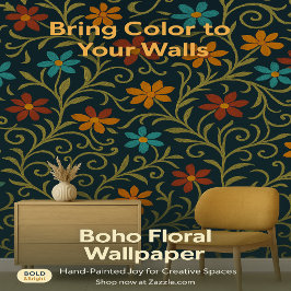 Farblich besticktes Blumenmuster auf dunkelblau Tapete