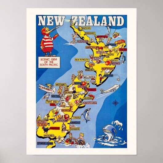 Farblich Illustriertes Neuseeland Poster (Vorne)