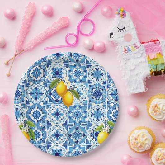 Farblich, mediterran, mosaik, blau, Zitrone, Pappteller (Party)