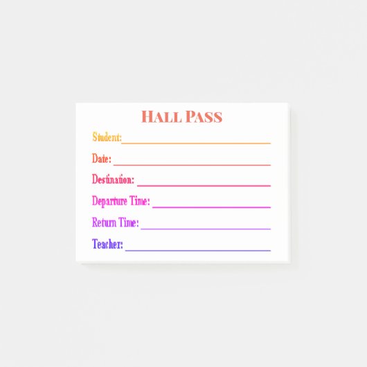 Farblicher Hall Pass Post-it Klebezettel (Vorderseite)