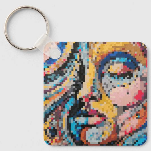Farbliches abstraktes Pixel-Gesicht Schlüsselanhänger (Vorderseite)