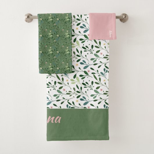 Farbmuster grüner Blattname pink Badhandtuch Set (Insitu)