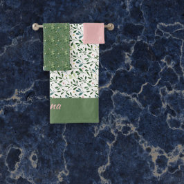 Farbmuster grüner Blattname pink Badhandtuch Set