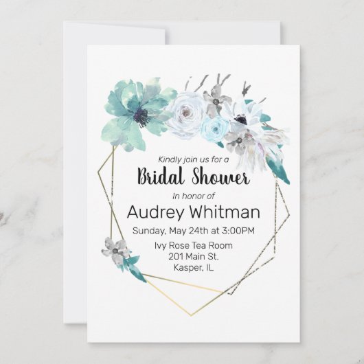 Farbnebel Blau Grau Aquamariner Blumengoldrahmen Einladung (Vorderseite)
