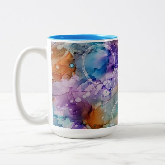Farborange, lila, rosa, blaue abstrakte Kunst Zweifarbige Tasse (Links)