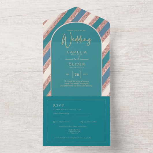 Farbpalette Aquamarin Champagne Rose Gold Weddong All In One Einladung (Innen Boden)