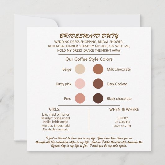 Farbpalette Bridesmaid Vorschlag. (Rückseite)