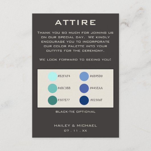 Farbpalette der dunkelgrauen Hochzeitskleidung Begleitkarte (Vorderseite)