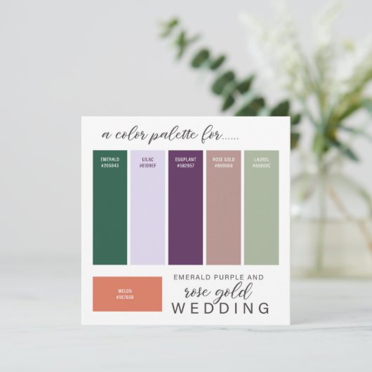 Farbpalette der Lila Hochzeitskarte der grünen Ros Einladung (Stehend Vorderseite)