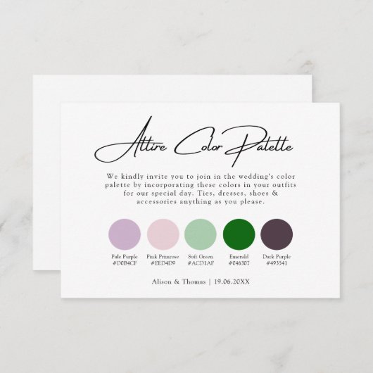 Farbpalette der Smaragdgrünen Lila Hochzeitskleidu Begleitkarte (Vorne/Hinten)