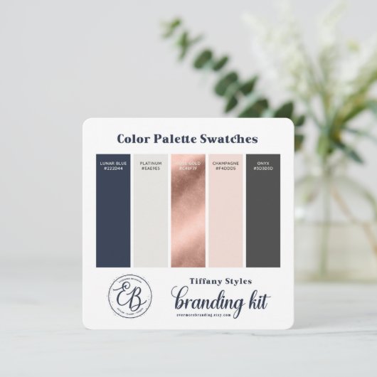 Farbpalette Swatch Card für Navy Blue & Rosen Gold Einladung (Stehend Vorderseite)