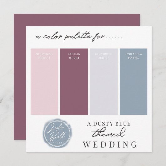 Farbpalettenkarte aus blauem Mauve und rosafarbene Einladung (Vorne/Hinten)