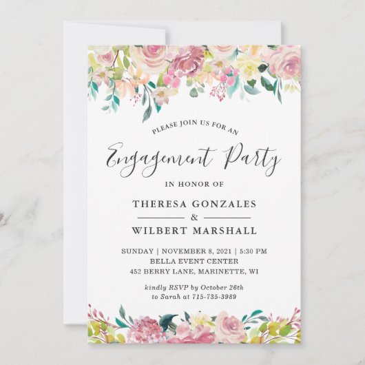 Farbpatronin Blush Floral Engagement Party Einladung (Vorderseite)