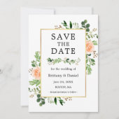 Farbpfirsichfarbene, florale Save the Date Karte (Vorderseite)