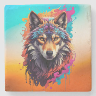Farbporträt Wolf Abstract Animal Art-87694 Steinuntersetzer