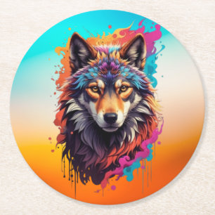 Farbporträt Wolf Abstractes Tier Kunst-87694 Runder Pappuntersetzer