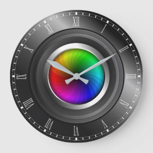 Farbradkamera für Fotografen leuchtet große runde Wanduhr