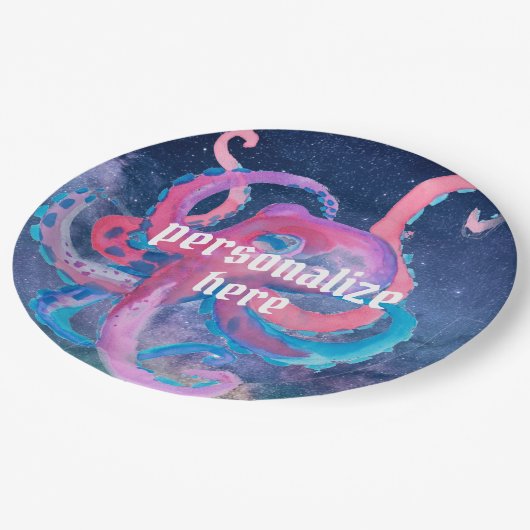 Farbraum Oktopus rosa Sternenpapier Pappteller (Schrägansicht)