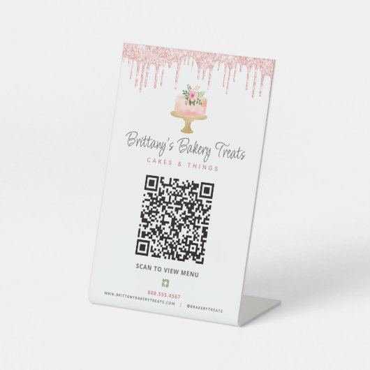 Farbrosa Bäckerei QR Code Scan Menü Glitzer Kuchen Sockelschild (Vorderseite)