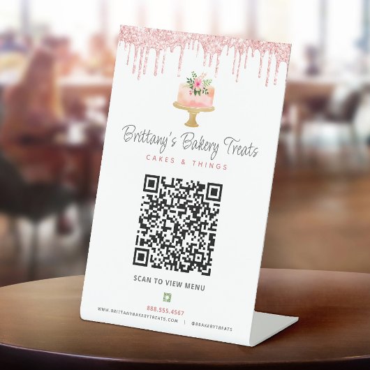 Farbrosa Bäckerei QR Code Scan Menü Glitzer Kuchen Sockelschild