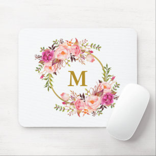 Farbrosa Blumenreath Goldmonogramm Mousepad