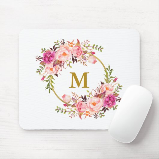 Farbrosa Blumenreath Goldmonogramm Mousepad (Mit Mouse)