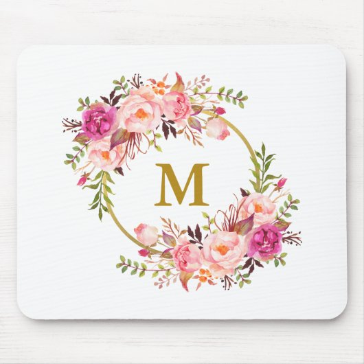 Farbrosa Blumenreath Goldmonogramm Mousepad (Vorne)