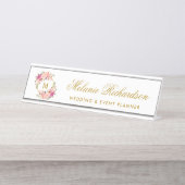 Farbrosa Blumenreath Goldmonogramm Schreibtischnamensplakette (Vorderseite )